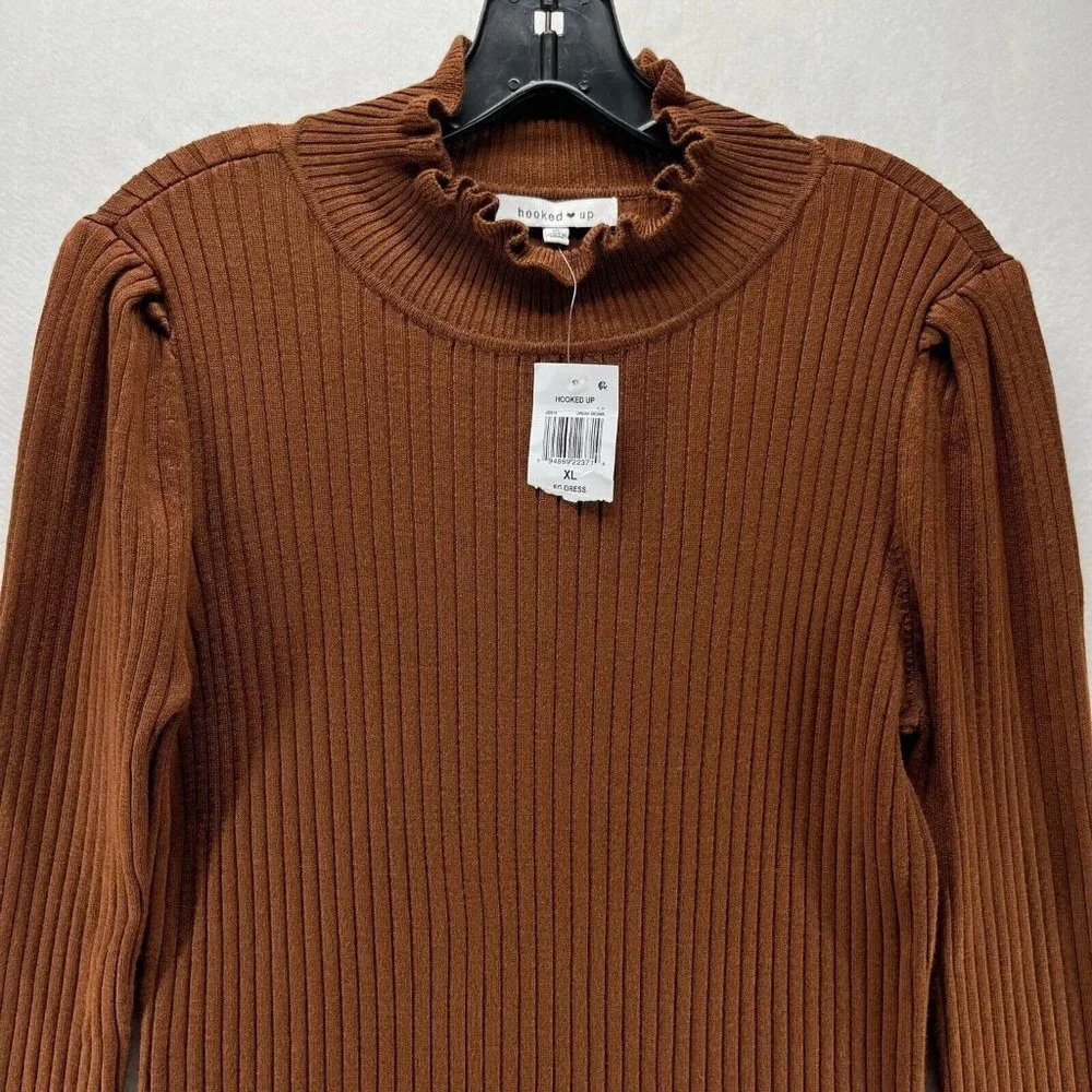 Hooked Up Sweater Dress Sz XL Ribbed Bodycon Mini Mock Neck Long Sleeve Brown - Picture 2 of 11